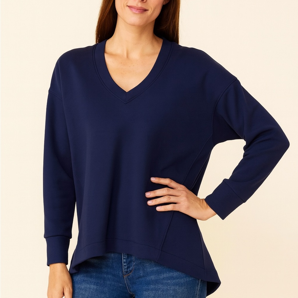 NWT Spanx Air Essentials V-Neck Navy Blue Tunic Sweater Size Small